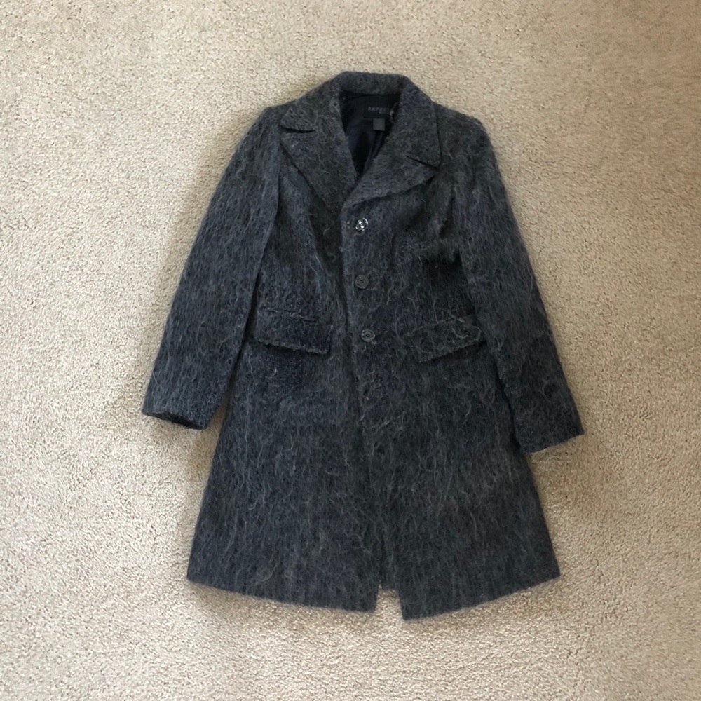 Express Charcoal Gray Longline Trench Coat Size 8 Button Front Fall Overcoat